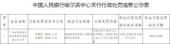 中国人民银行哈尔滨中心支行对单位处以20万元人民币罚款