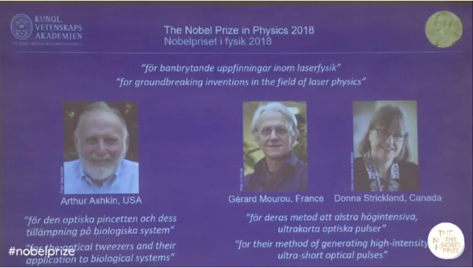 美法加三名科学家因激光物理获诺贝尔物理学奖