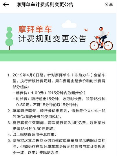 摩拜单车涨价了！起步1元骑行每超15分钟加收0.5元仅在北京执行